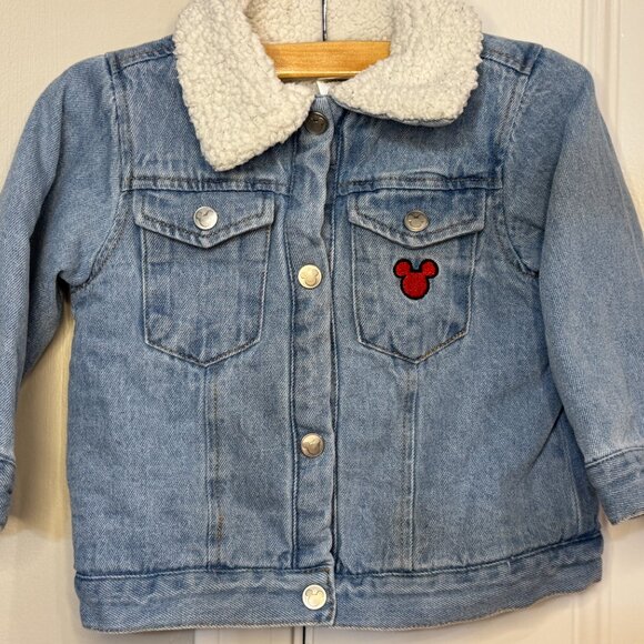 Disney Baby Sherpa Jean Jacket 12M Mickey, Donald & Pluto Patch EUC - Picture 3 of 13